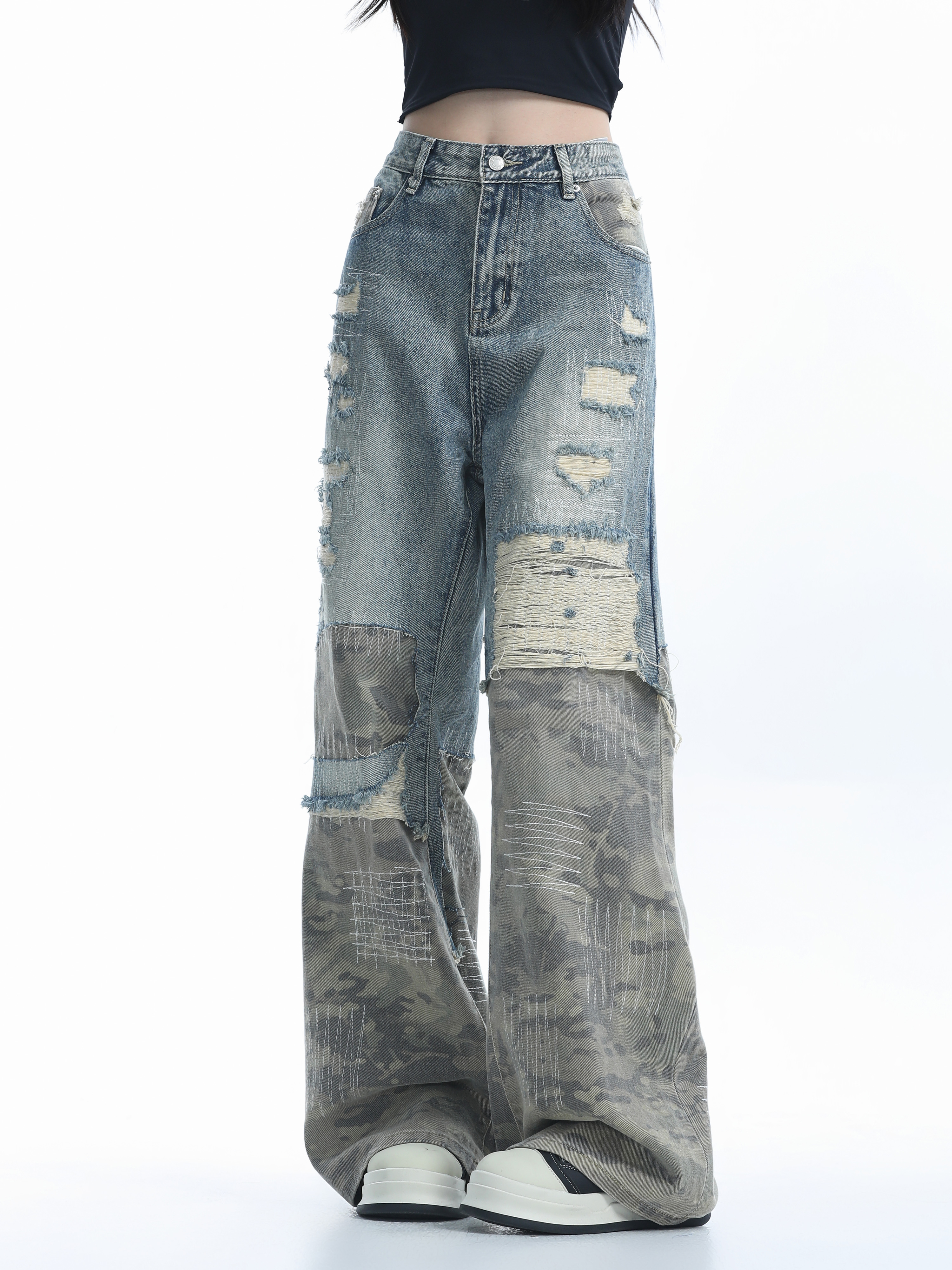 Vintage High Street Wide-Leg Ripped Camouflage Jeans for Women - Heavy-Duty Patchwork Floor-Length Pants, 90s Inspired Fashion