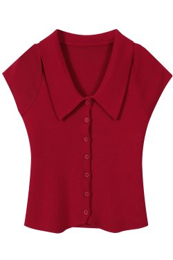 Vintage Hong Kong Style Red Knitted Short Sleeve Polo Shirt for Women - Summer Flutter Sleeve Top, Age-Reducing Fashion