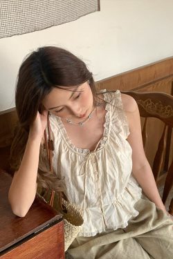 Vintage-Inspired Late Spring Lover French Lace Trim Cami Top for Women, Summer Pure Cotton Waist-Defined Blouse, Y2K Style