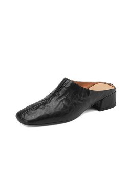 Vintage Lambskin One-Strap Half-Slide Mid-Heel Open-Toe Sandals for Women - Italian Style Casual Footwear