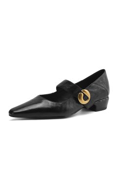 Vintage Mid-Heel Mary Jane Shoes for Women - 2025 Spring Summer Lambskin Chunky Heel Flats, Pointed Toe, Shallow Mouth Design