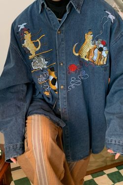 Vintage Oversized Denim Jacket with Cat Embroidery - Autumn 90s Style Fashion
