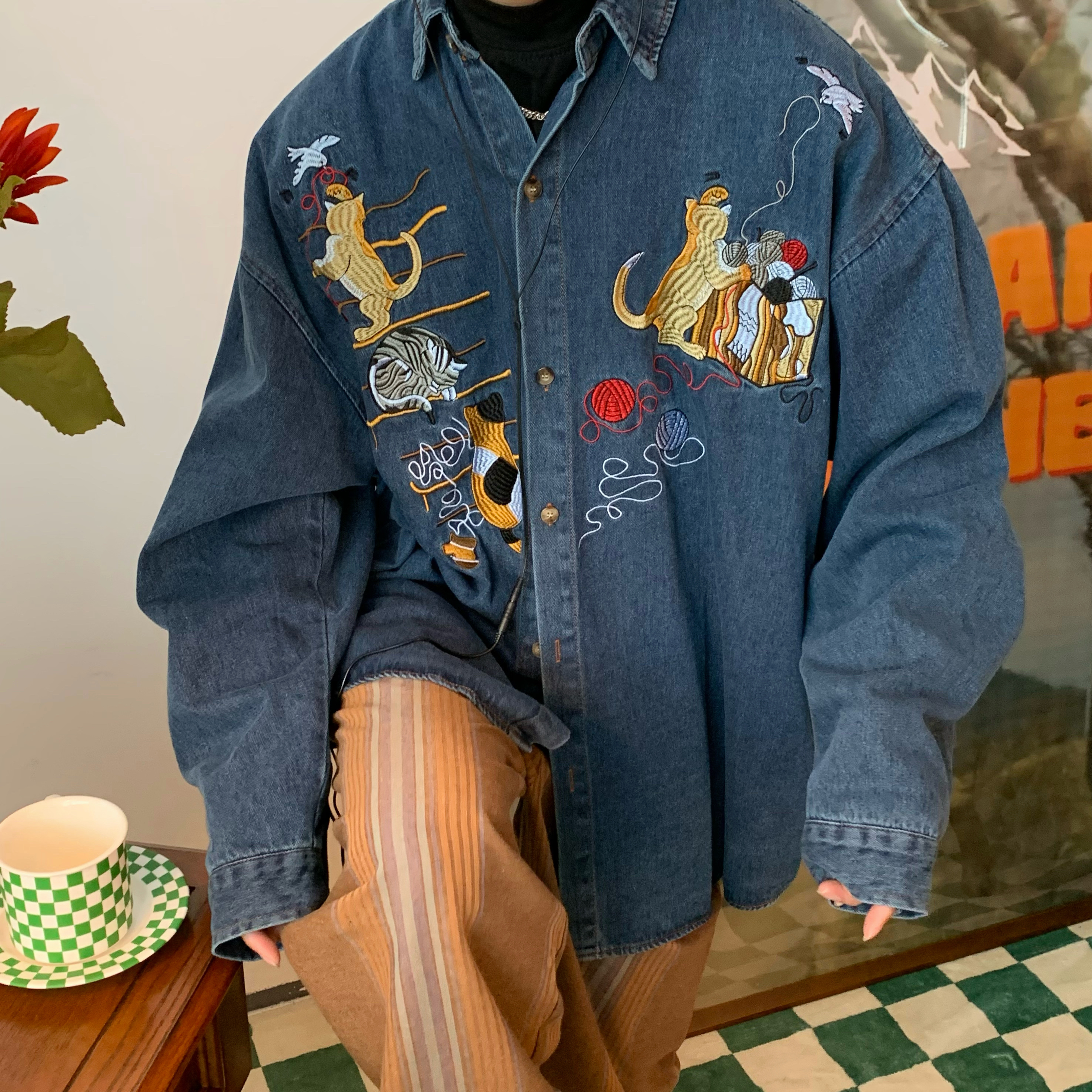 Vintage Oversized Denim Jacket with Cat Embroidery - Autumn 90s Style Fashion