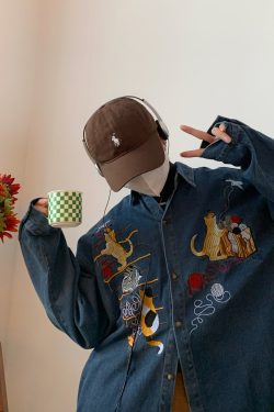 Vintage Oversized Denim Jacket with Cat Embroidery - Autumn 90s Style Fashion