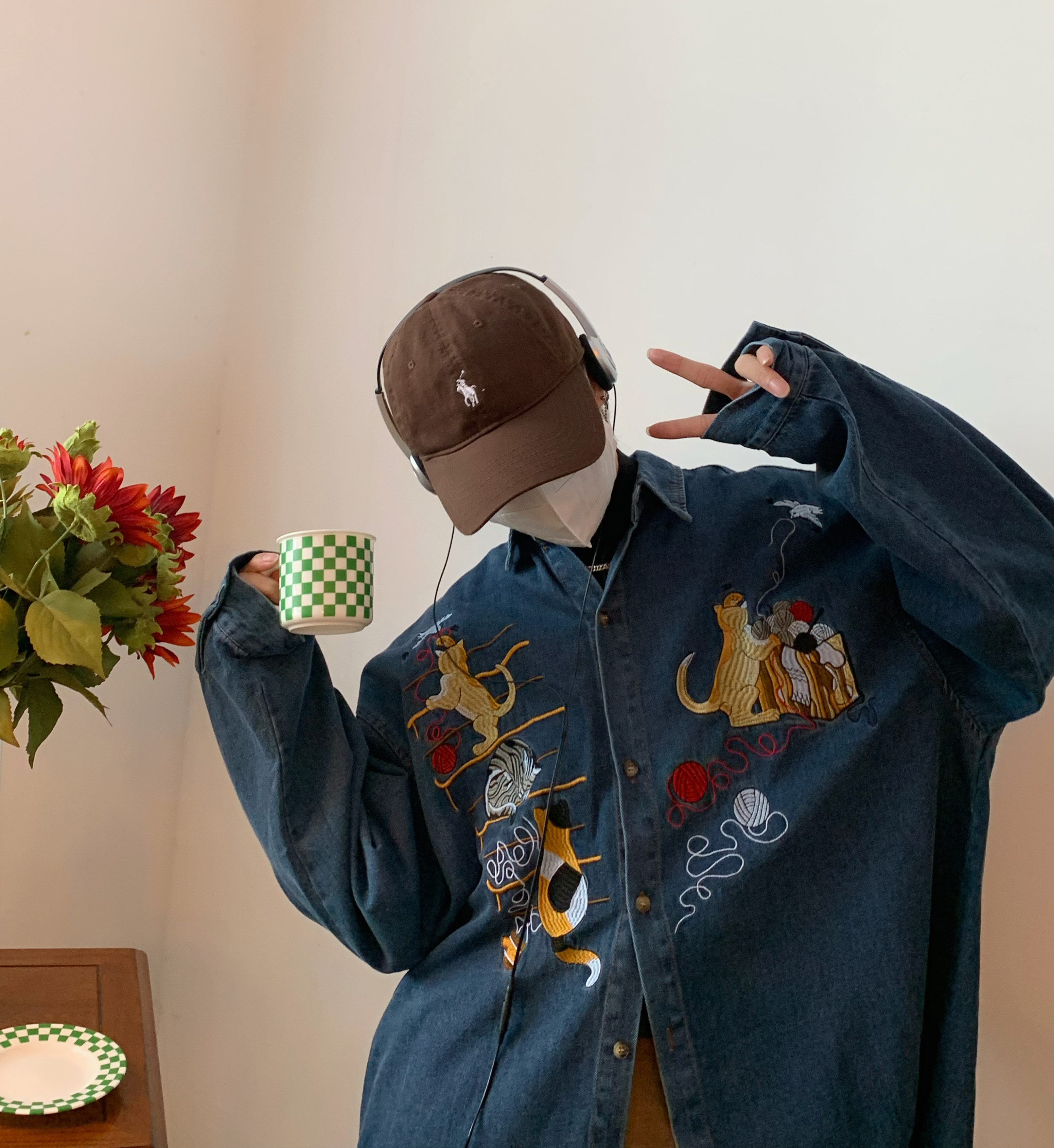 Vintage Oversized Denim Jacket with Cat Embroidery - Autumn 90s Style Fashion