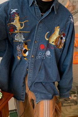 Vintage Oversized Denim Jacket with Cat Embroidery - Autumn 90s Style Fashion