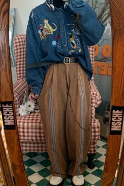 Vintage Oversized Denim Jacket with Cat Embroidery - Autumn 90s Style Fashion