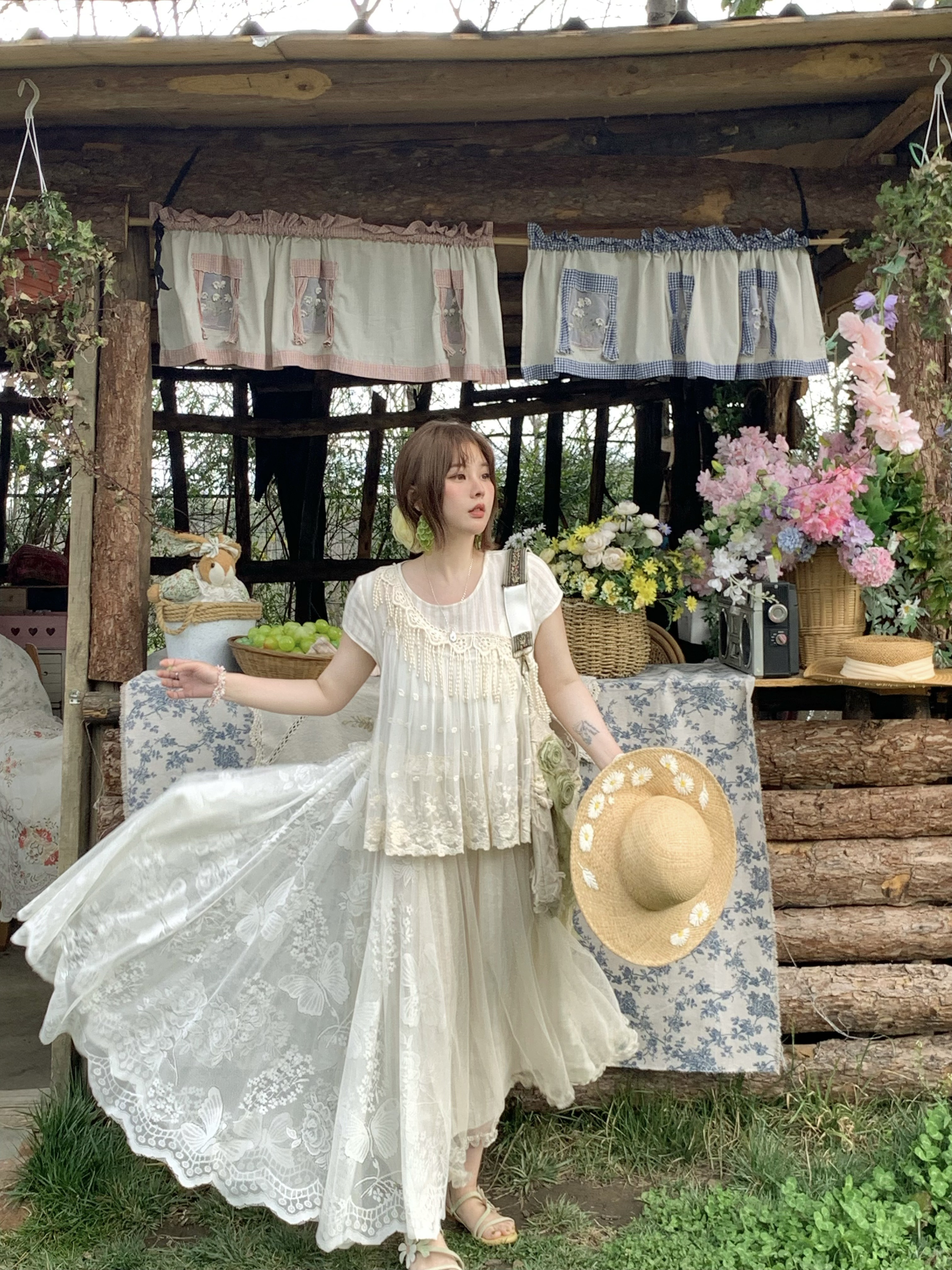 Vintage Pearl Dream Butterfly Lace Patchwork Sleeveless Dress - Women's Summer Forest Style Remake Long Dress, Y2K Aesthetic