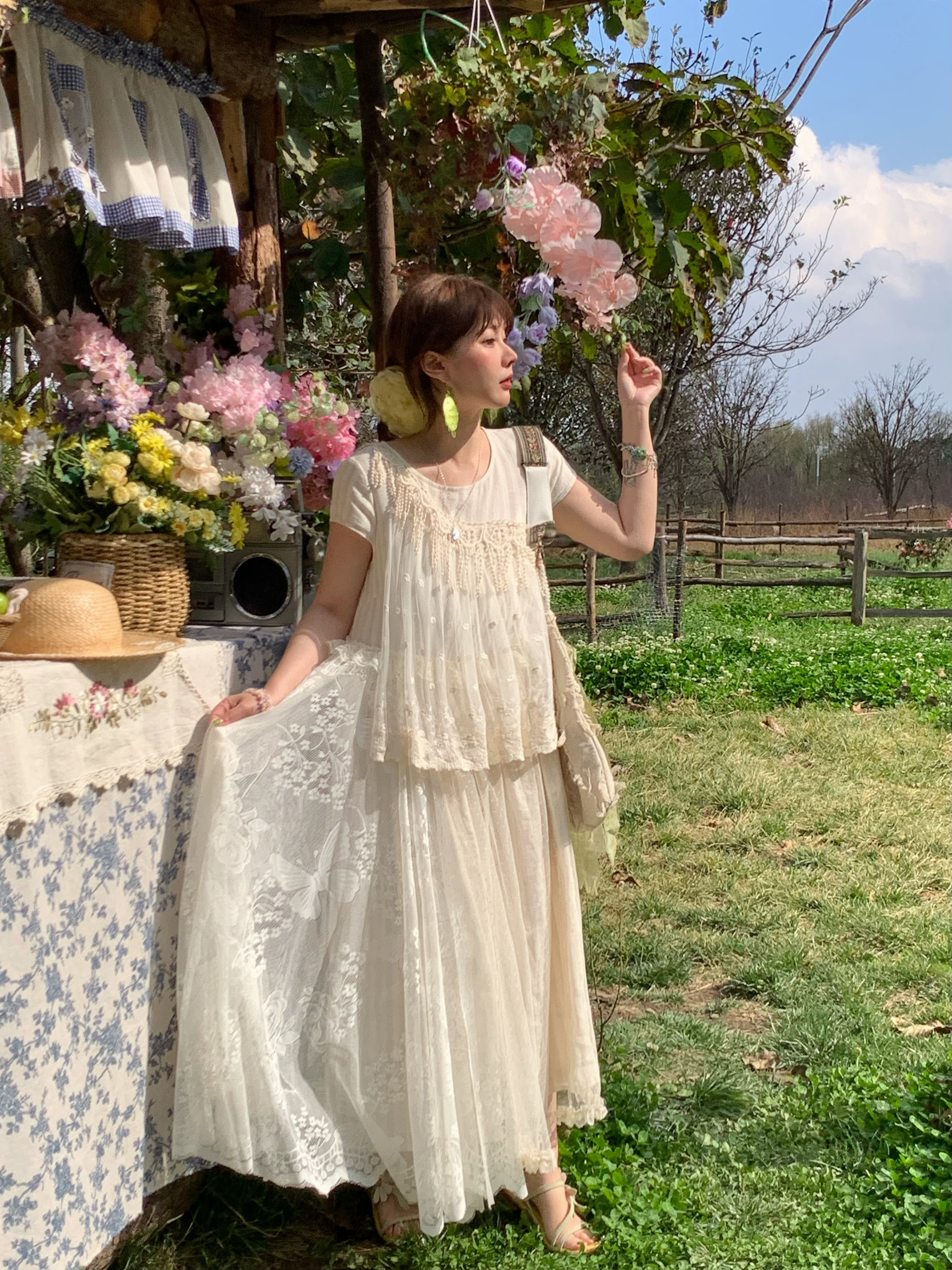 Vintage Pearl Dream Butterfly Lace Patchwork Sleeveless Dress - Women's Summer Forest Style Remake Long Dress, Y2K Aesthetic