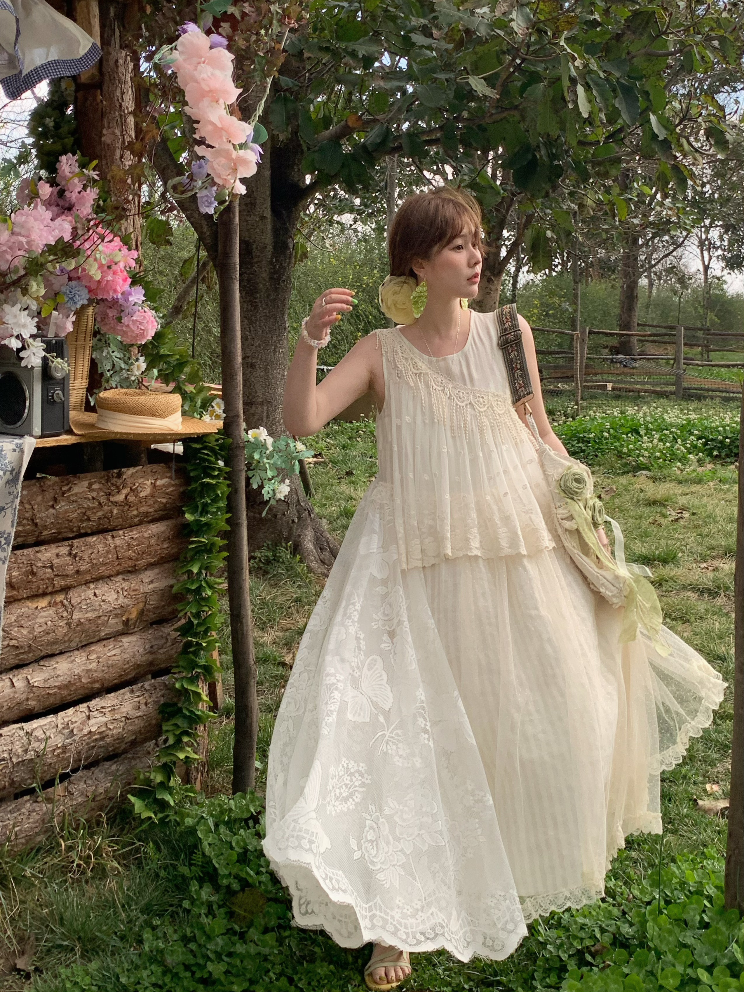 Vintage Pearl Dream Butterfly Lace Patchwork Sleeveless Dress - Women's Summer Forest Style Remake Long Dress, Y2K Aesthetic
