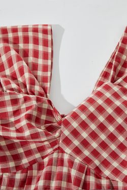Vintage Red Checkered Flutter Sleeve Vest Shirt for Women - Irregular Summer Vacation Top, French Style, Y2K Fashion