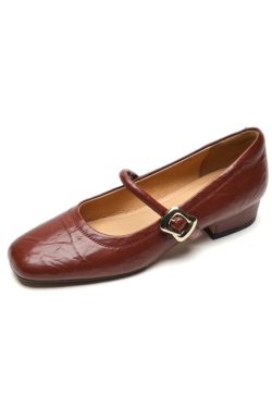 Vintage Red Mary Jane Shoes for Women - Chunky Heels, Genuine Leather, Square Toe, Open Toe Strap - 90s Y2K Style