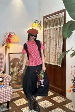 Vintage Red Plaid Short Sleeve Shirt with Lapel - Summer Slim Fit Casual Versatile Top for 90s Inspired Style