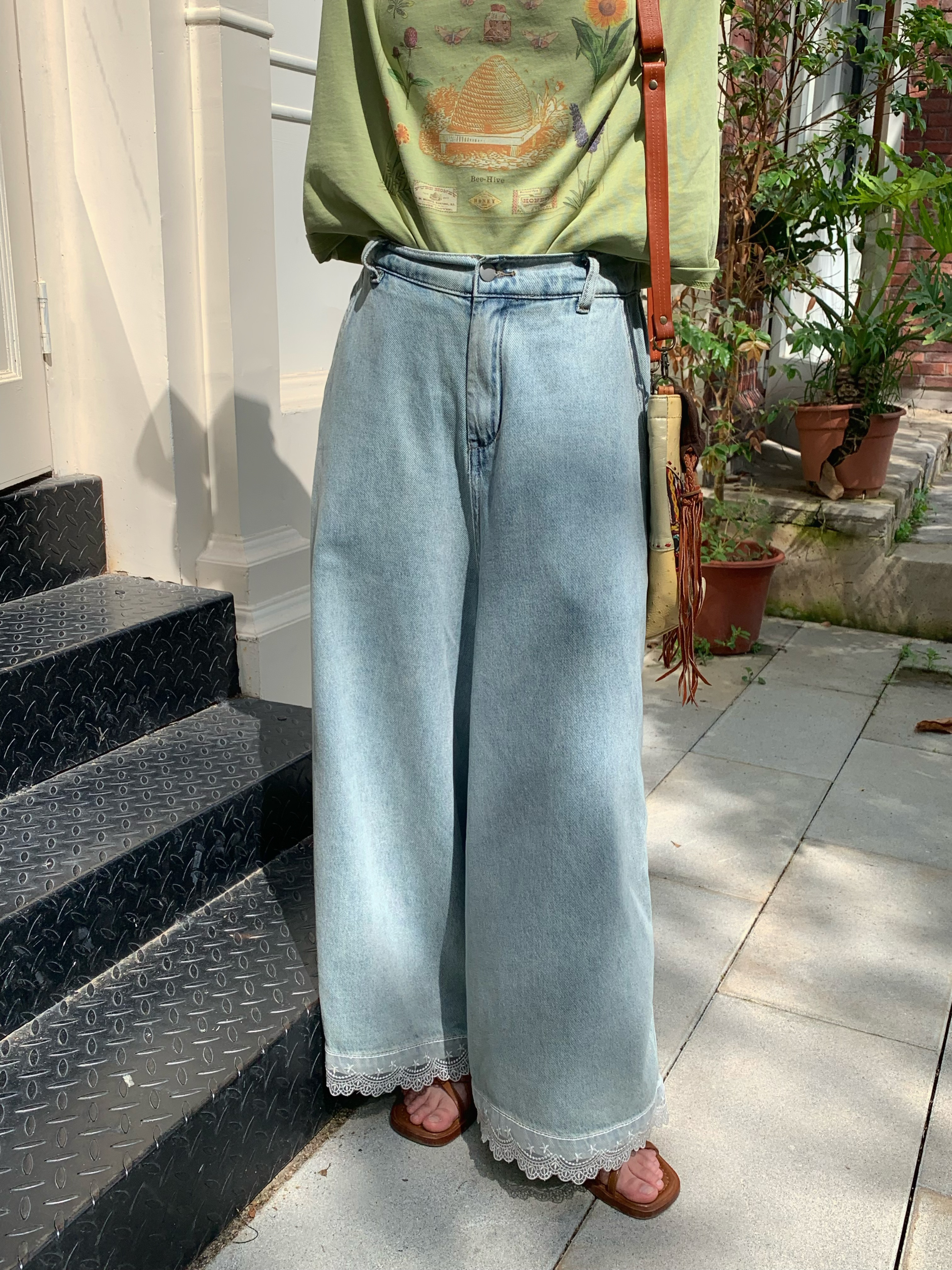 Vintage Retro Lace Trim High-Waisted Denim Pants for Women - Summer Loose Wide-Leg Trousers, 90s Inspired Fashion