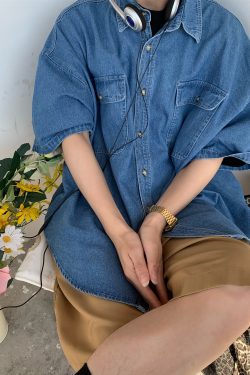 Vintage Retro Loose Short-Sleeve Denim Shirt for Couples - Handmade Washable Korean Style Half-Sleeve Top