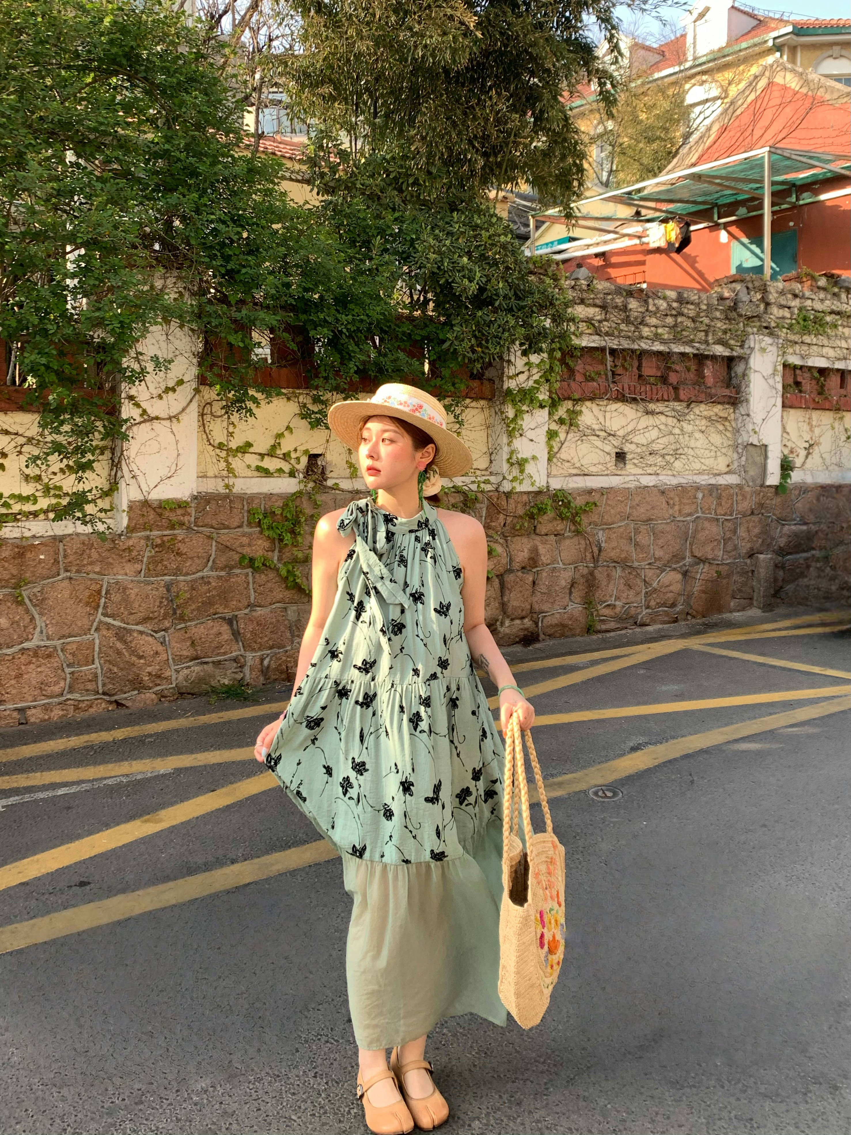 Vintage Rose Sea Wave French Print Sheer Halter Dress - Women's Summer Loose Retro Maxi Dress for Boho Style