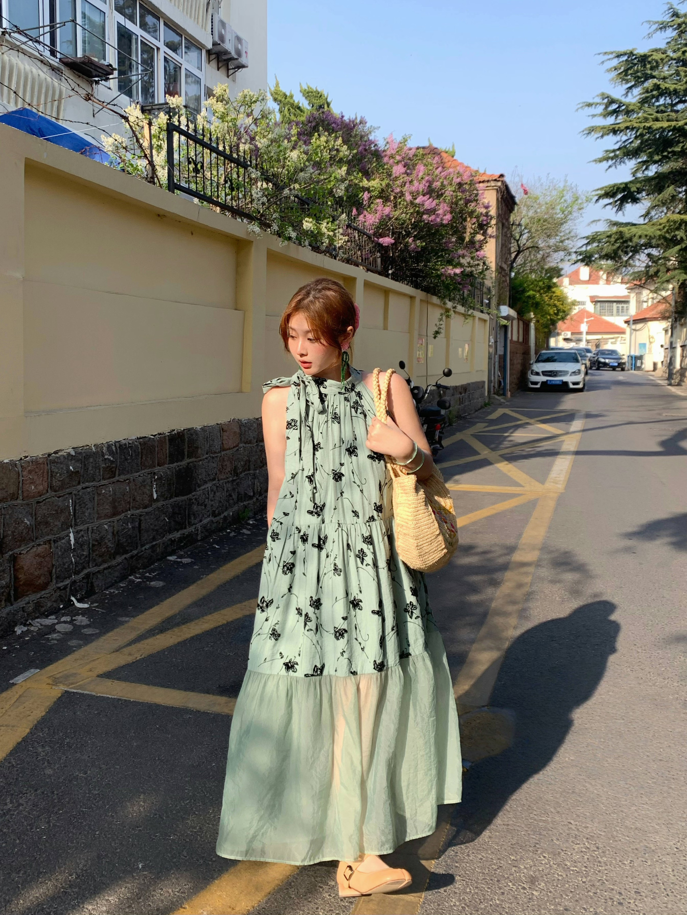 Vintage Rose Sea Wave French Print Sheer Halter Dress - Women's Summer Loose Retro Maxi Dress for Boho Style
