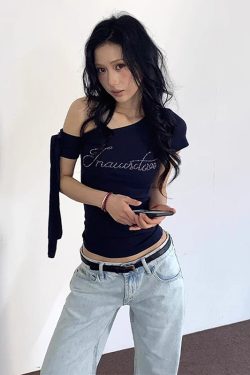 Vintage Slim-Fit Cropped T-Shirt - American Off-Shoulder Short Sleeve Summer Top for Spicy Girls, Trendy Design