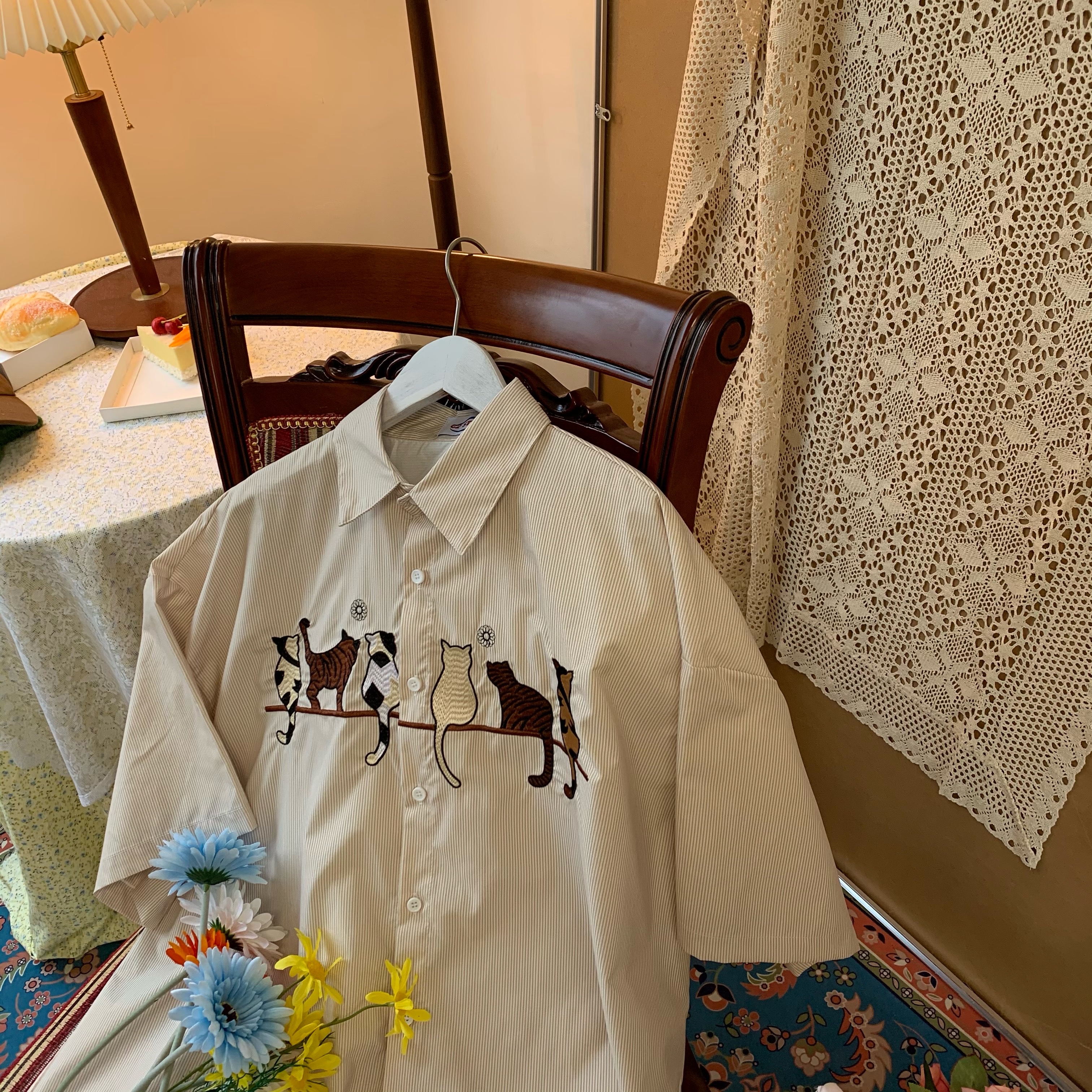 Vintage Striped Cat Embroidery Shirt - Trendy Summer Retro Top for Couples, Short Sleeve, Hong Kong Style, Casual 90s Fashion