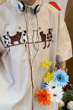 Vintage Striped Cat Embroidery Shirt - Trendy Summer Retro Top for Couples, Short Sleeve, Hong Kong Style, Casual 90s Fashion