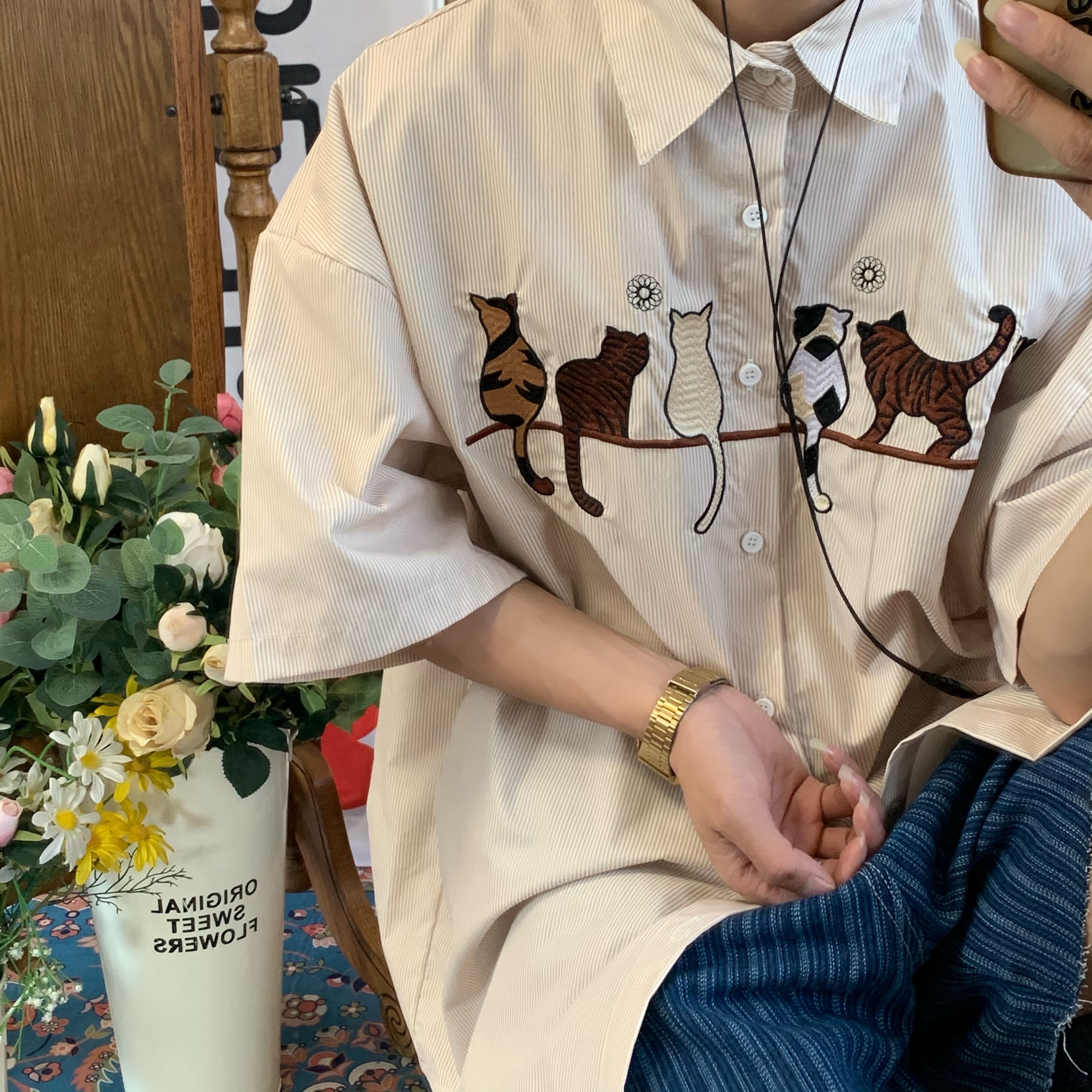 Vintage Striped Cat Embroidery Shirt - Trendy Summer Retro Top for Couples, Short Sleeve, Hong Kong Style, Casual 90s Fashion