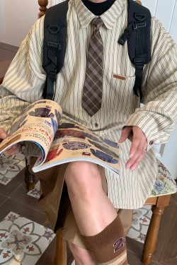Vintage Striped Long Sleeve Shirt for Men and Women - Versatile Loose Fit Tie Top for Spring and Autumn, Y2K American Style