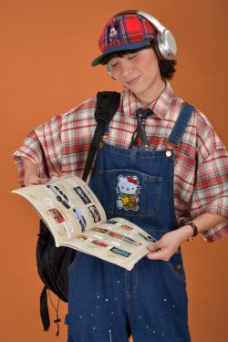 Vintage Style Childlike Retro Workwear Pocket Suspender Pants in Splash Paint Denim - Floor-Length Couple Trendy Fashion Trousers