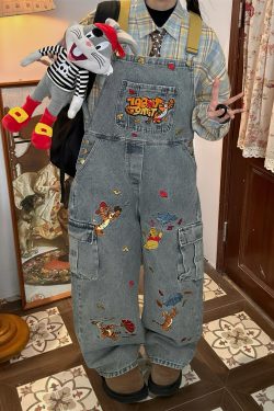 Vintage Washed Blue Denim Overalls Unisex Retro Jumpsuit for a Playful 90s Style Look - Versatile Fashion Essential