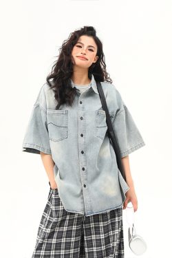Vintage Washed Denim Short Sleeve Shirt for Women - Trendy Versatile Summer Outerwear in 90s American Style