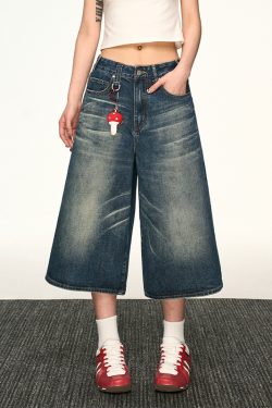 Vintage Washed Distressed Denim Shorts for Women - Loose-Fitting Three-Quarter Straight-Leg Wide-Leg Summer Style