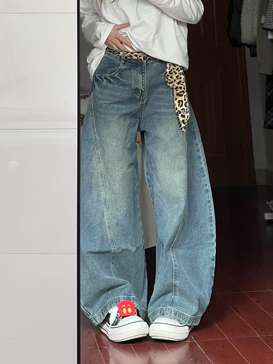 Vintage Washed Oversized Denim Pants for Women - Loose Hip-Hop Street Style Wide-Leg Floor-Length Trousers