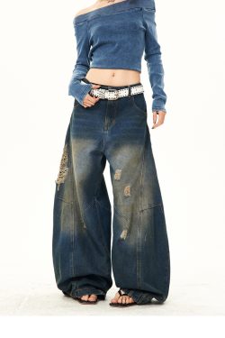 Vintage Washed Ripped Wide-Leg Jeans for Women - High-End Loose Floor-Length Denim Trousers, 90s Inspired Style