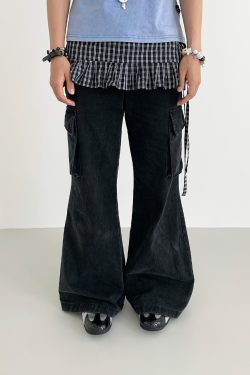 Vintage Water-Washed Flared Low-Waist Cargo Wide-Leg Pants for a 90s Inspired Look