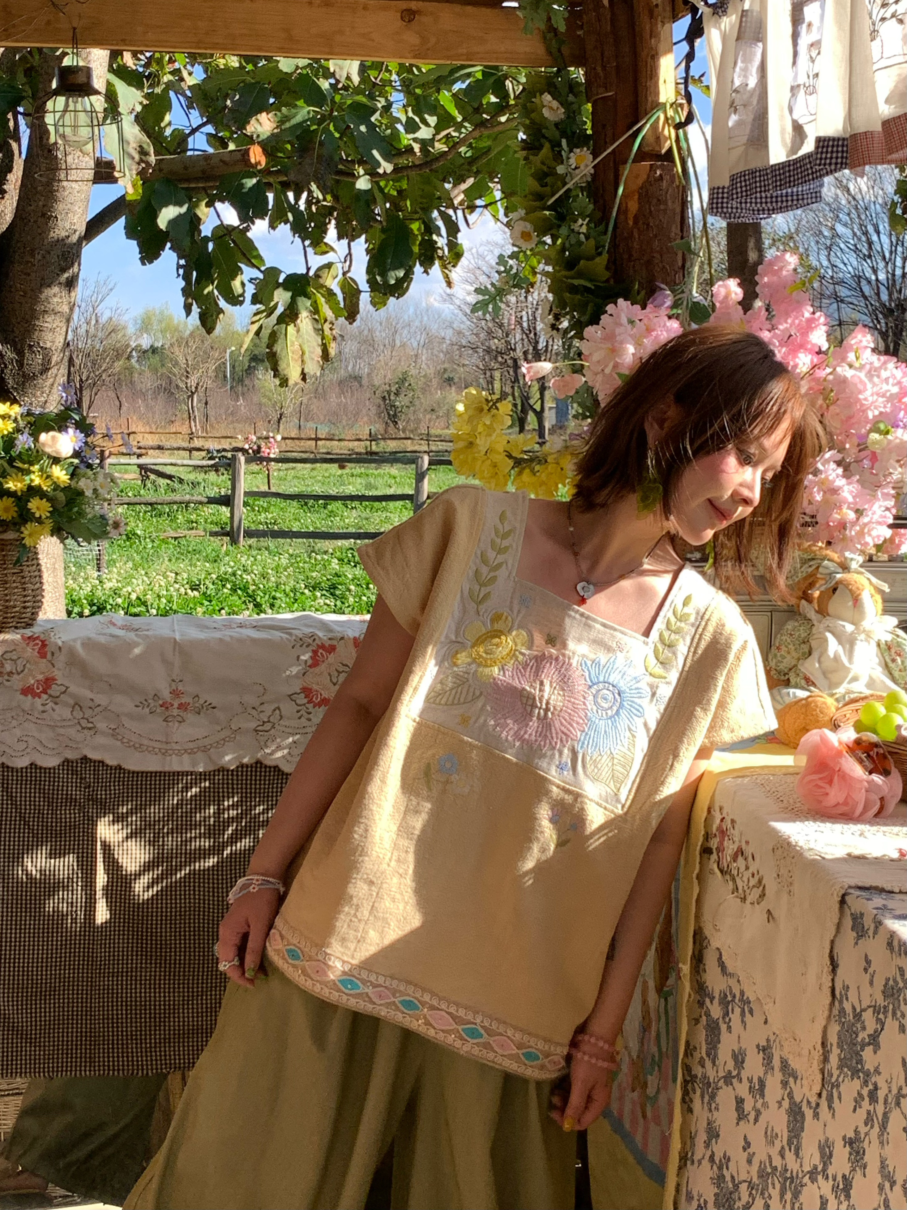 Vintage Wheat Field Dream Embroidered Linen Cotton Short Sleeve Square Neck Top Women's Summer T-Shirt Blouse Y2K Style
