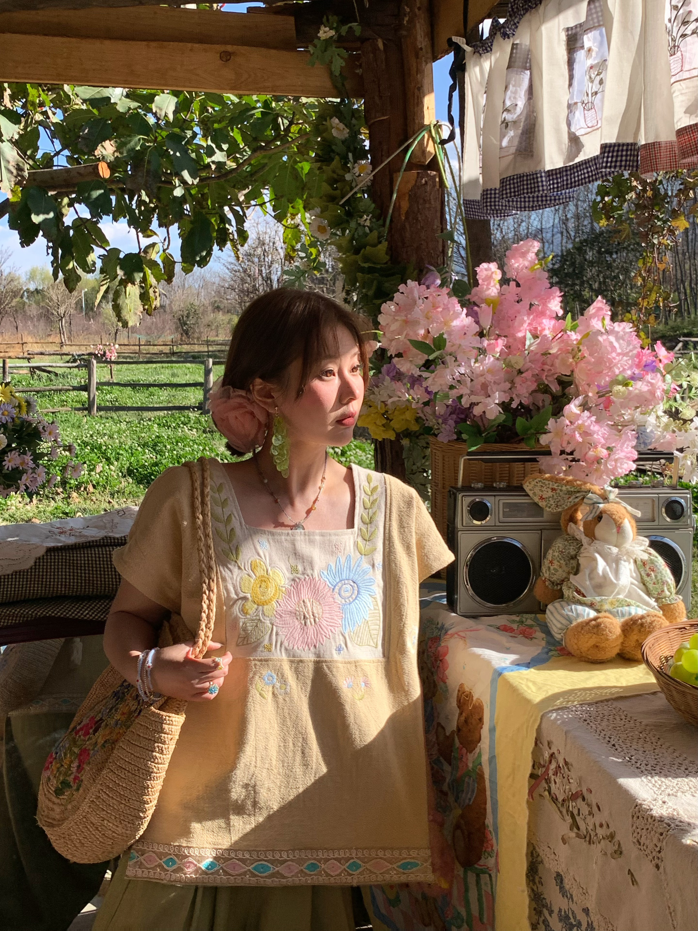 Vintage Wheat Field Dream Embroidered Linen Cotton Short Sleeve Square Neck Top Women's Summer T-Shirt Blouse Y2K Style