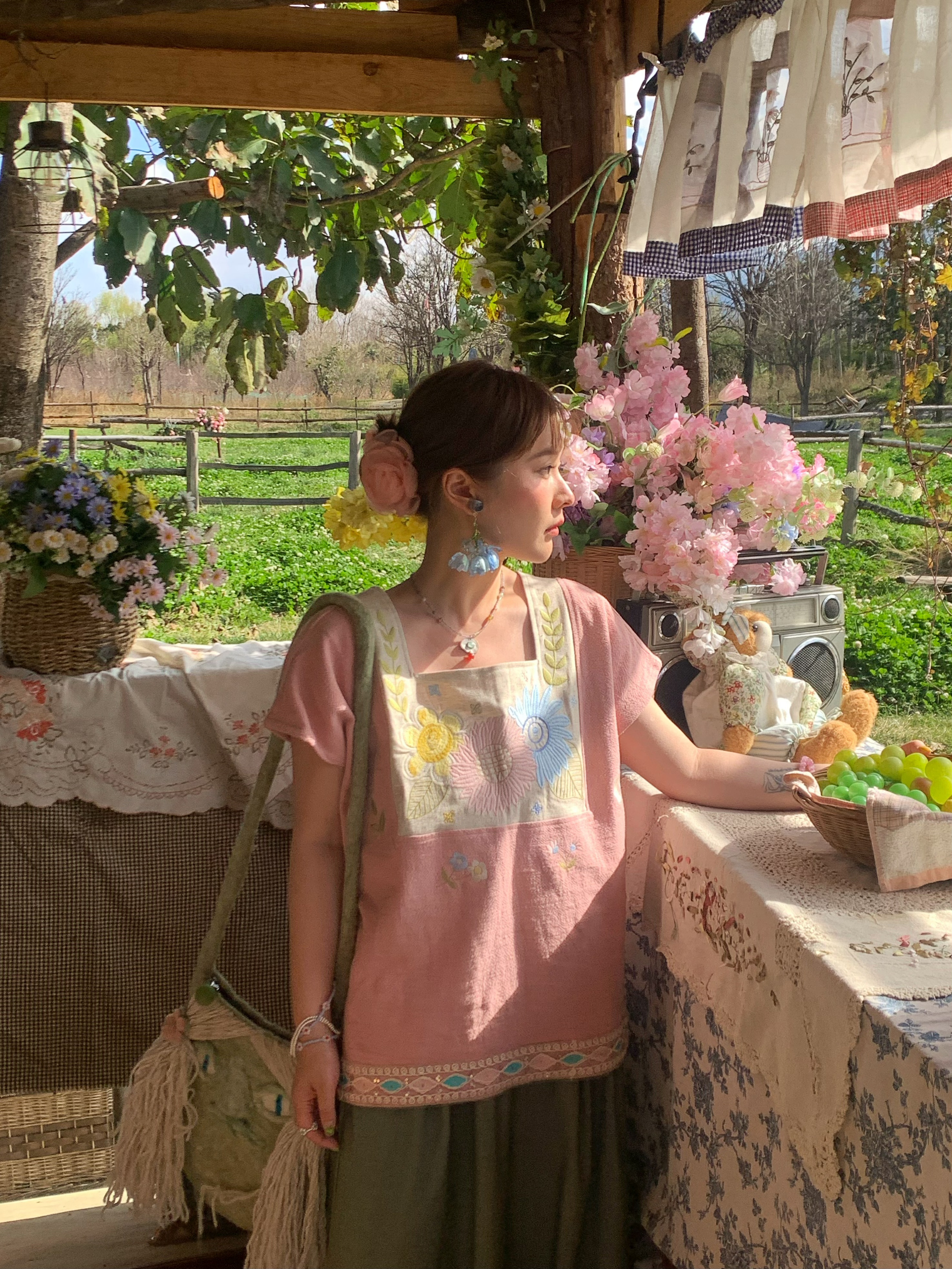 Vintage Wheat Field Dream Embroidered Linen Cotton Short Sleeve Square Neck Top Women's Summer T-Shirt Blouse Y2K Style