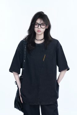 Washed Black Loose-Fit Short Sleeve T-Shirt for Women with Embroidered Half Sleeves – American Street Style, Casual 90s Aesthetic