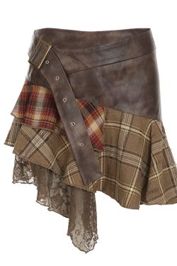Wasteland Ultra-Complex Splicing Design Half Skirt for Women - Irregular Checkered Niche Pleated Skirt, Y2K Fashion
