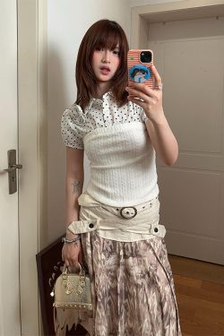 White Polka Dot Strapless Puff Sleeve Top for Women - Summer Spliced Faux Two-Piece Knitted Shirt with Unique Design