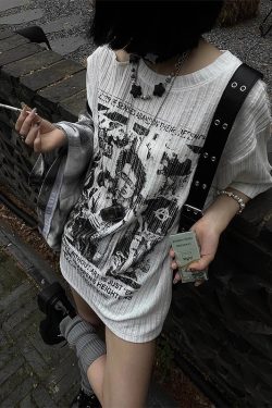 White Short Sleeve T-Shirt for Women - Summer Punk Print, Loose Off-Shoulder Top, Y2K Fashion, Subculture Style