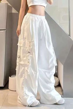 White Wide-Leg Work Pants for Women - Casual Hip-Hop Street Dance Style, Loose Fit, Floor-Length Sports Trousers