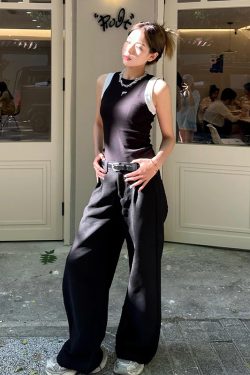 Women's Black Slim Fit Fake Two-Piece Tank Top - American Style 2025 Summer Sports Camisole