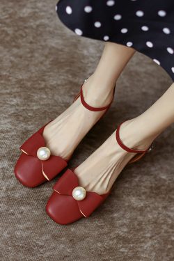 Women’s Genuine Leather Chunky High Heel Sandals with Square Toe, Bow and Pearl Detail - Versatile Closed-Toe Summer Style 2025