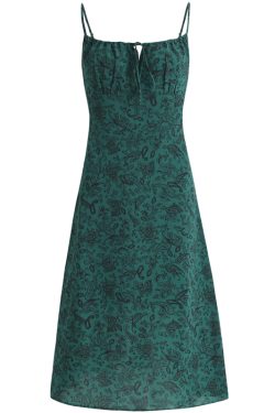 Women's Green Floral Print Long Dress with Straps and Drawstring - French Style Summer Vacation 2025 Fashion