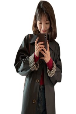 Women's Mid-Length Trench Coat - 2025 Spring Autumn Plaid Chic Style, Small Size, Korean Fashion for Early Fall