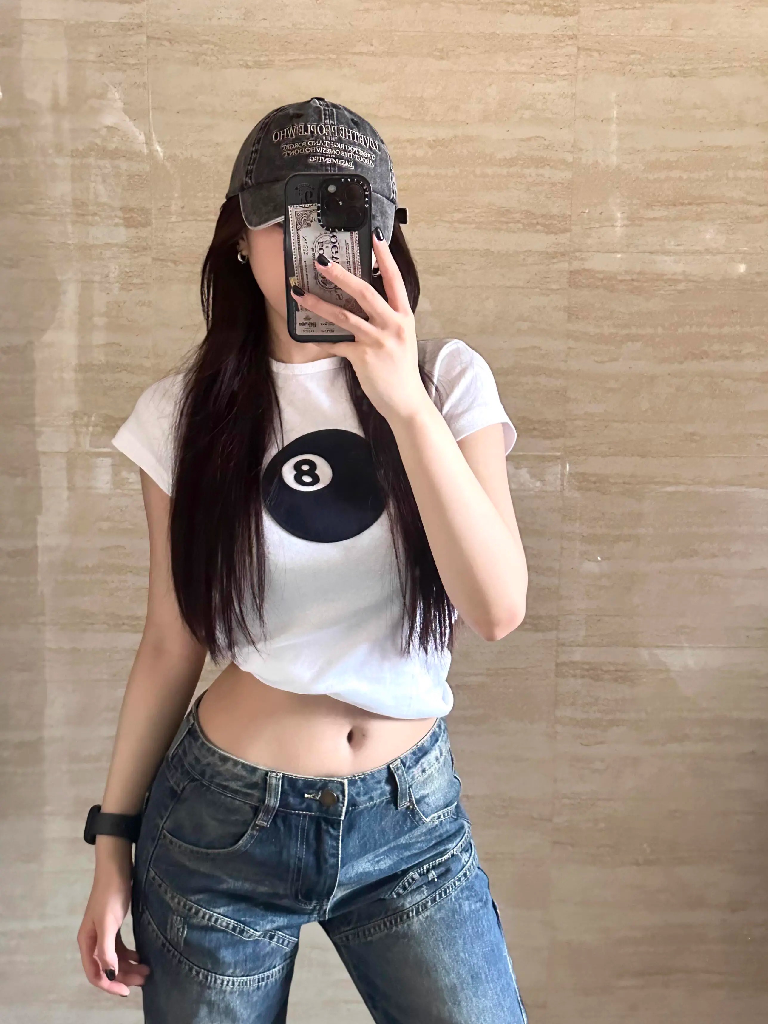 Women's Slim Fit Black 8 Print Short Sleeve T-Shirt - Korean Style Round Neck Pure Cotton Top for Instagram Fashion