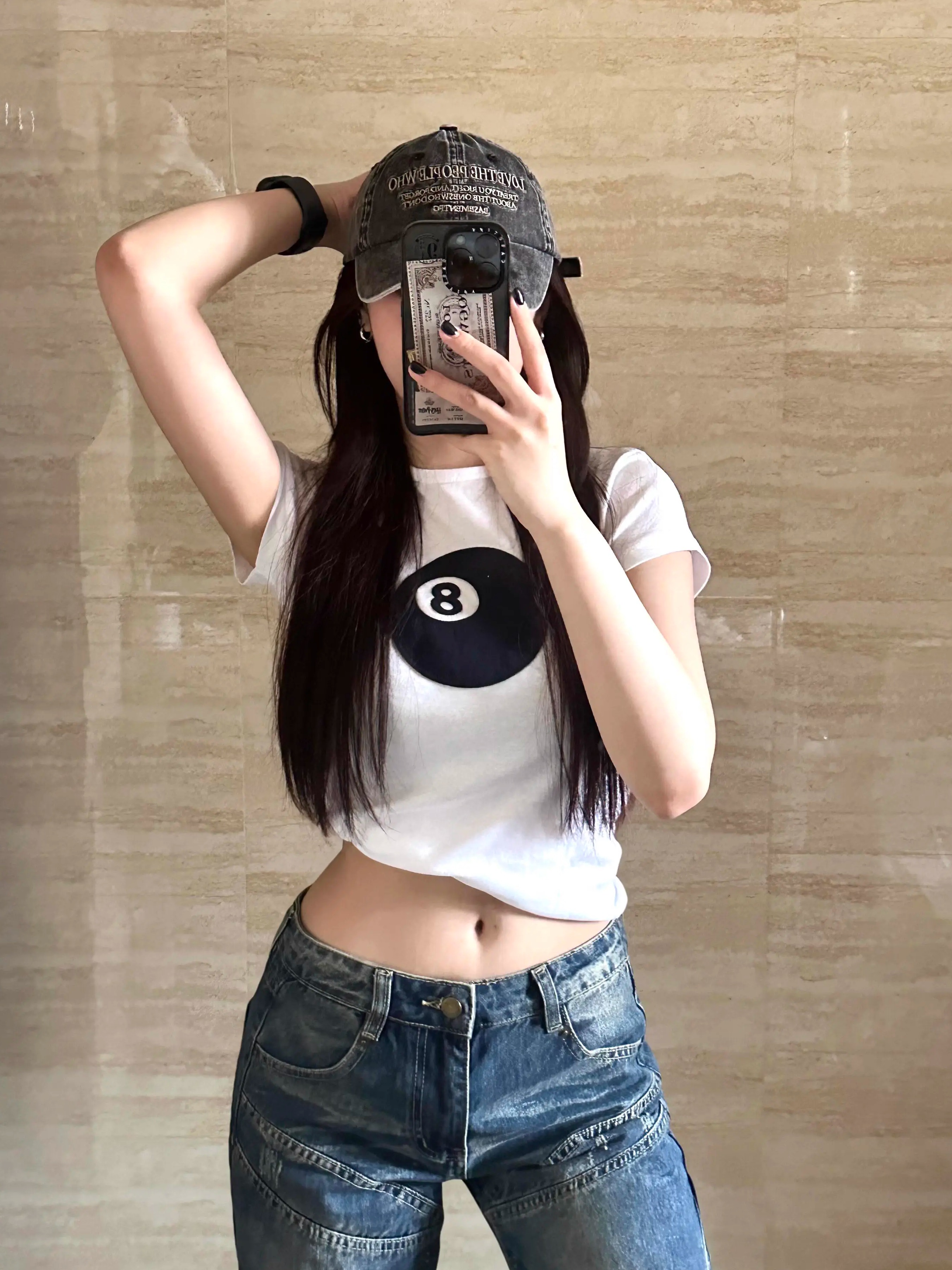 Women's Slim Fit Black 8 Print Short Sleeve T-Shirt - Korean Style Round Neck Pure Cotton Top for Instagram Fashion