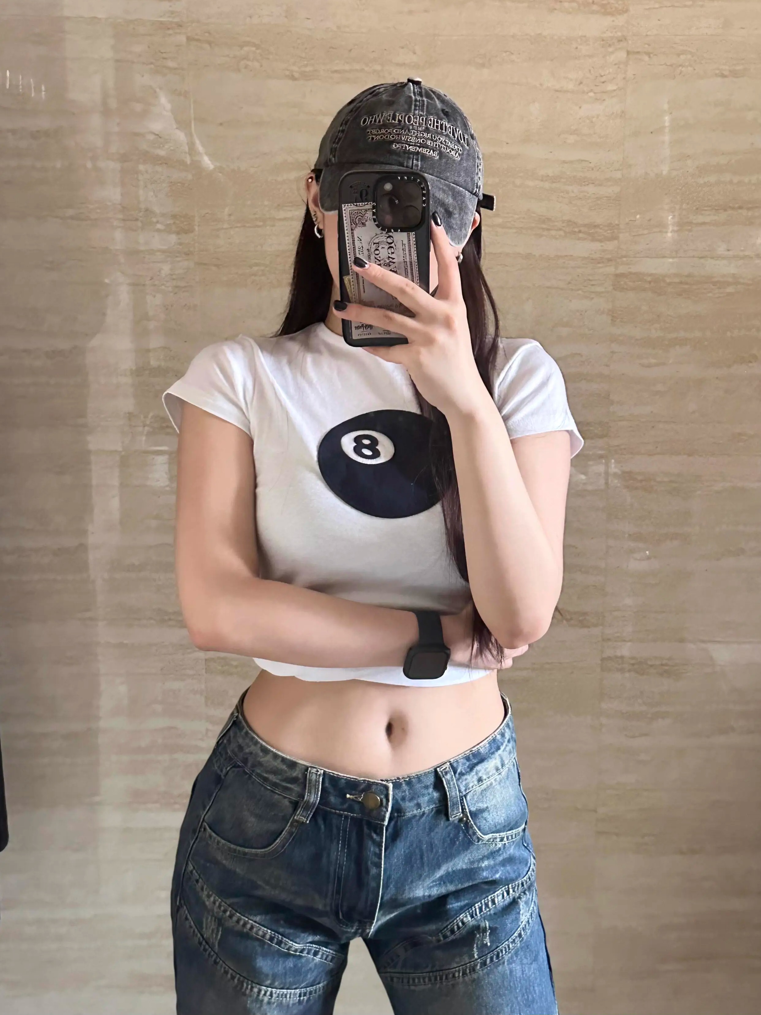 Women's Slim Fit Black 8 Print Short Sleeve T-Shirt - Korean Style Round Neck Pure Cotton Top for Instagram Fashion