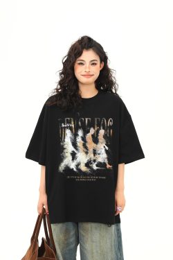 Women’s Vintage Blurry Portrait Print Short Sleeve T-Shirt - Summer Round Neck Loose Fit Couples Tee - 90s Inspired Fashion