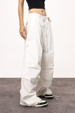Women's White Loose Casual Paratrooper Pants - Unisex Wide-Leg Straight Trousers - Y2K Inspired Fashion